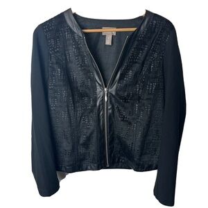 Chicos Jacket Faux Fur Leather Trim Womens Medium Size 1 = Size 8 Black Full Zip